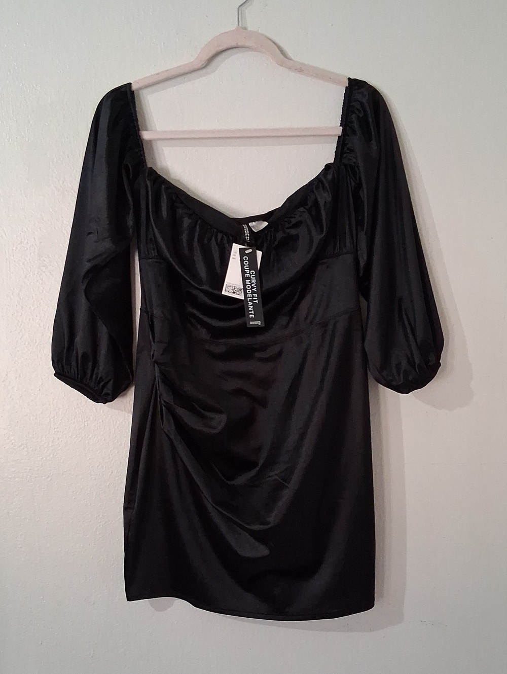 H&M Black Satin Square-Neck Off Shoulder Mid  Sleeve Mini Dress